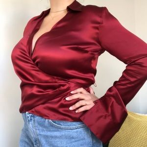VTG Silk Wrap Top 90s does 70s Cranberry Red